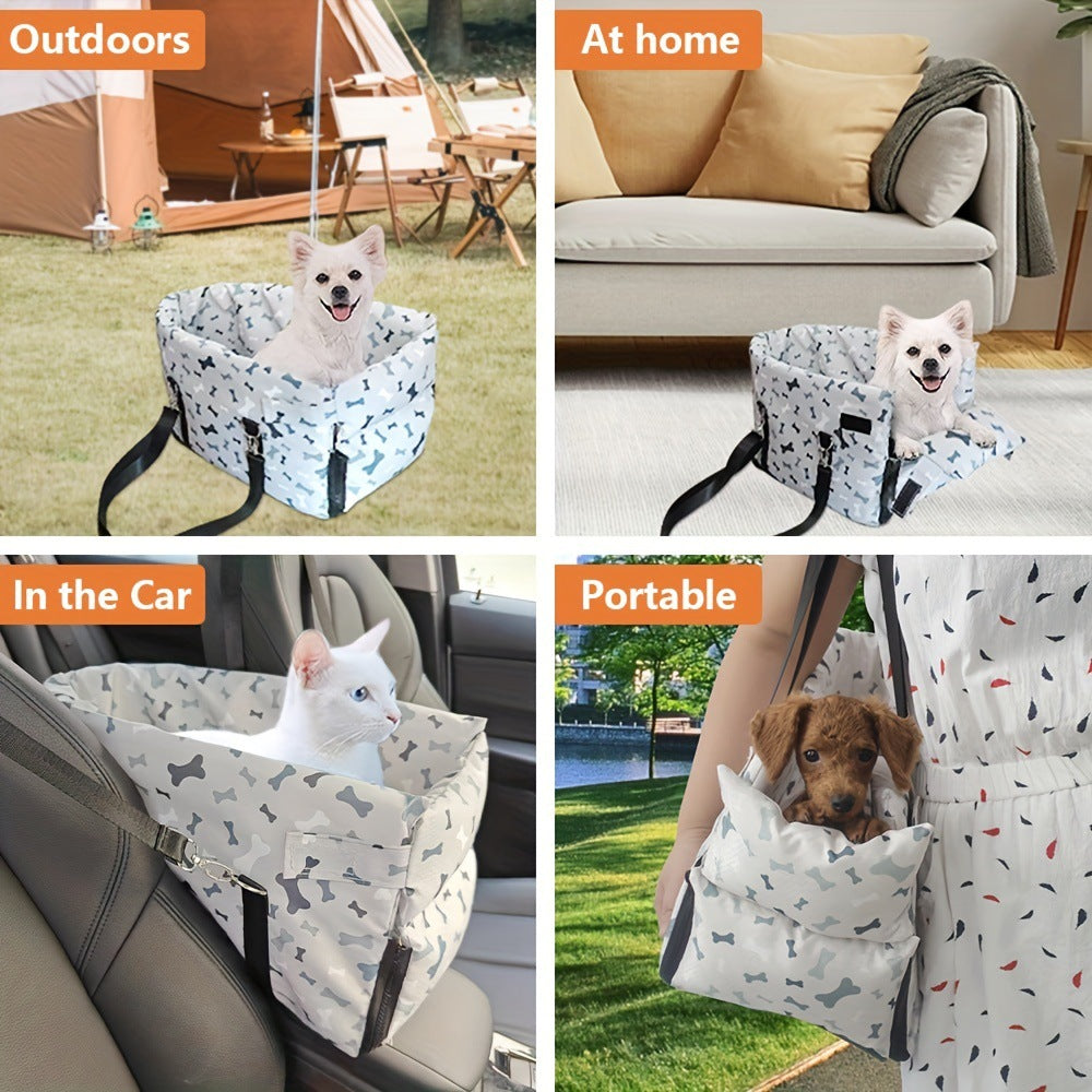 Small dog car safety seat with carry strap, close-up detail view