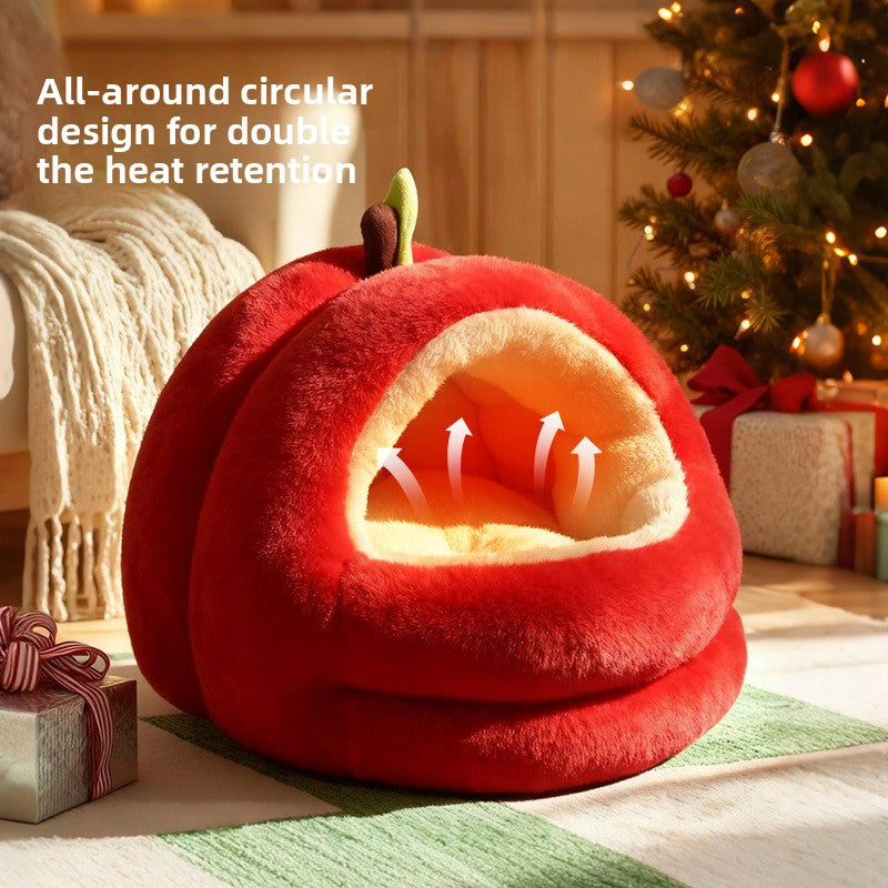 Red apple-shaped cat bed and small dog nest, sizes from Small