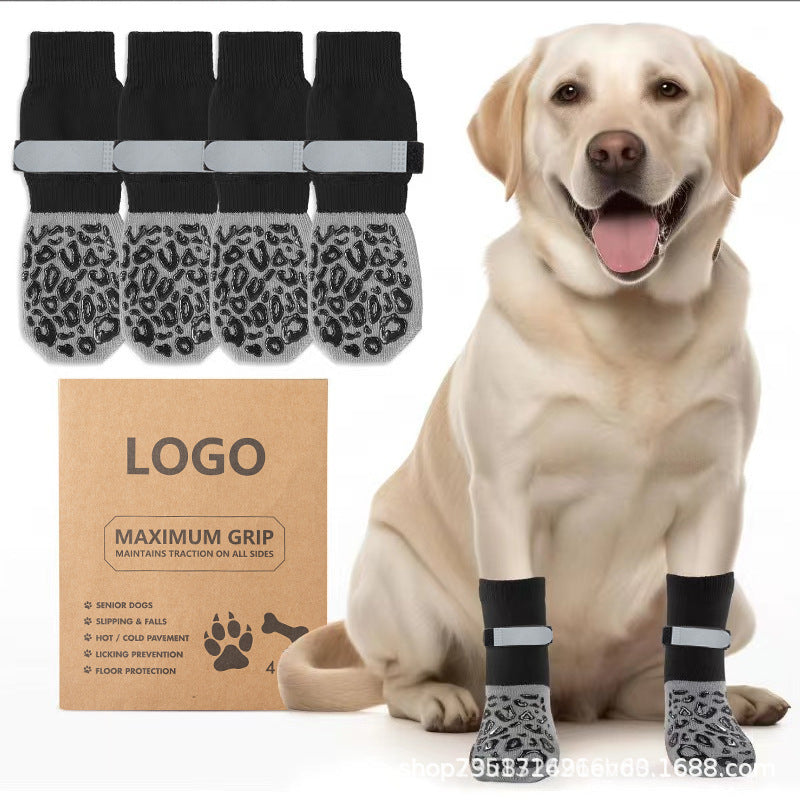 Anti-slip knitted cotton dog socks with grip soles in Leopard Print, side view