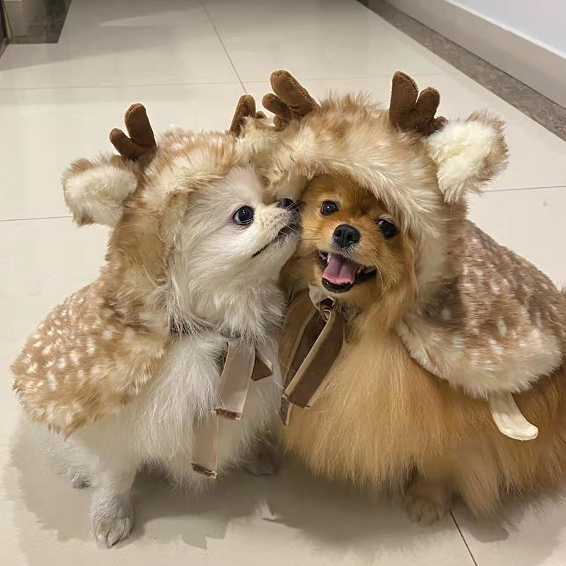 Christmas reindeer cloak and hat costume for pets in Brown Spot Reindeer, front view
