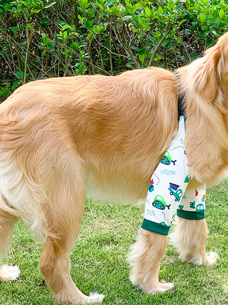 Breathable dog elbow sleeves in rainbow and owl prints