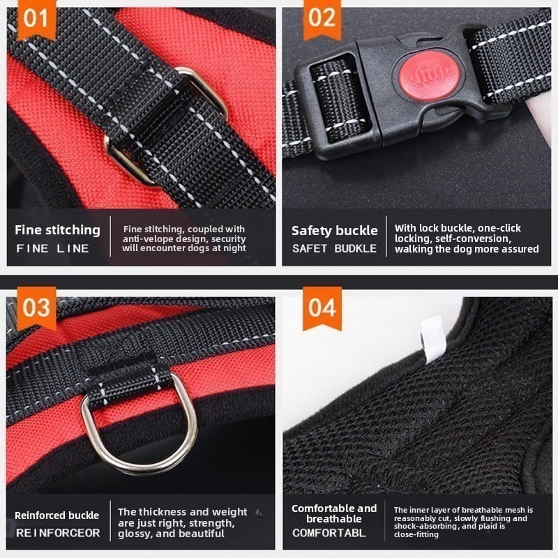 Padded cloth dog harness with Union Jack design, in a home setting