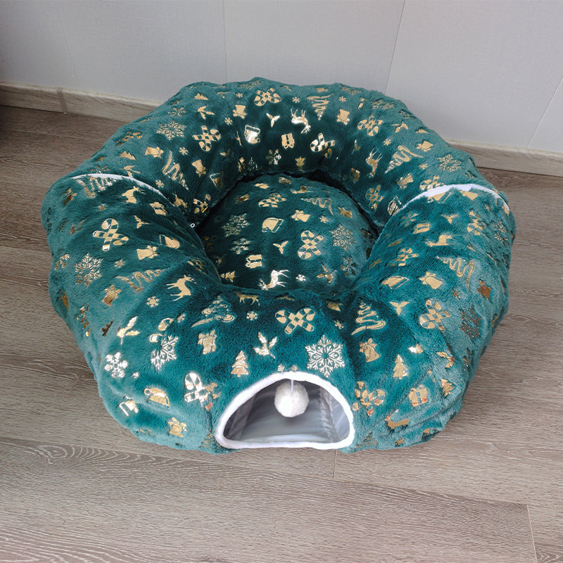 Christmas S-shaped cat tunnel bed with warm enclosed nest, product image 4