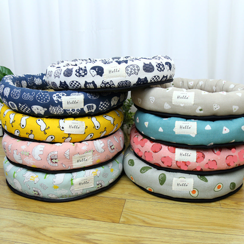 Round straw mat cooling pet nest with cat print, product image 3