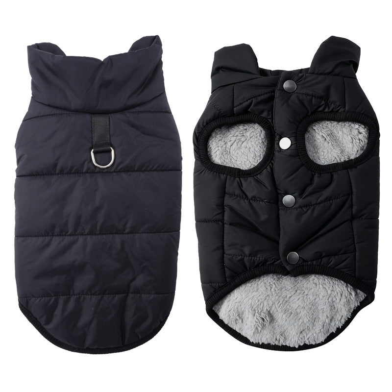 Small dog in a black hooded fleece lined vest jacket