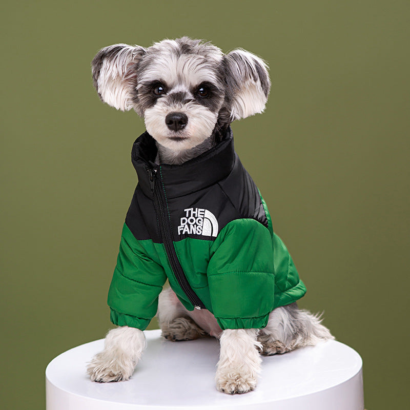 Windproof water-resistant padded jacket for large dogs in Red, in a home setting