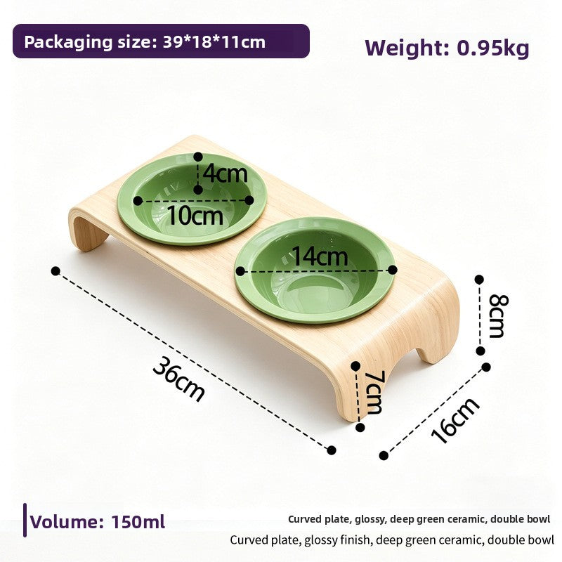 Curved Solid Wood Pet Bowl Stand with Ceramic Double Bowl in Glossy or Matte Colours