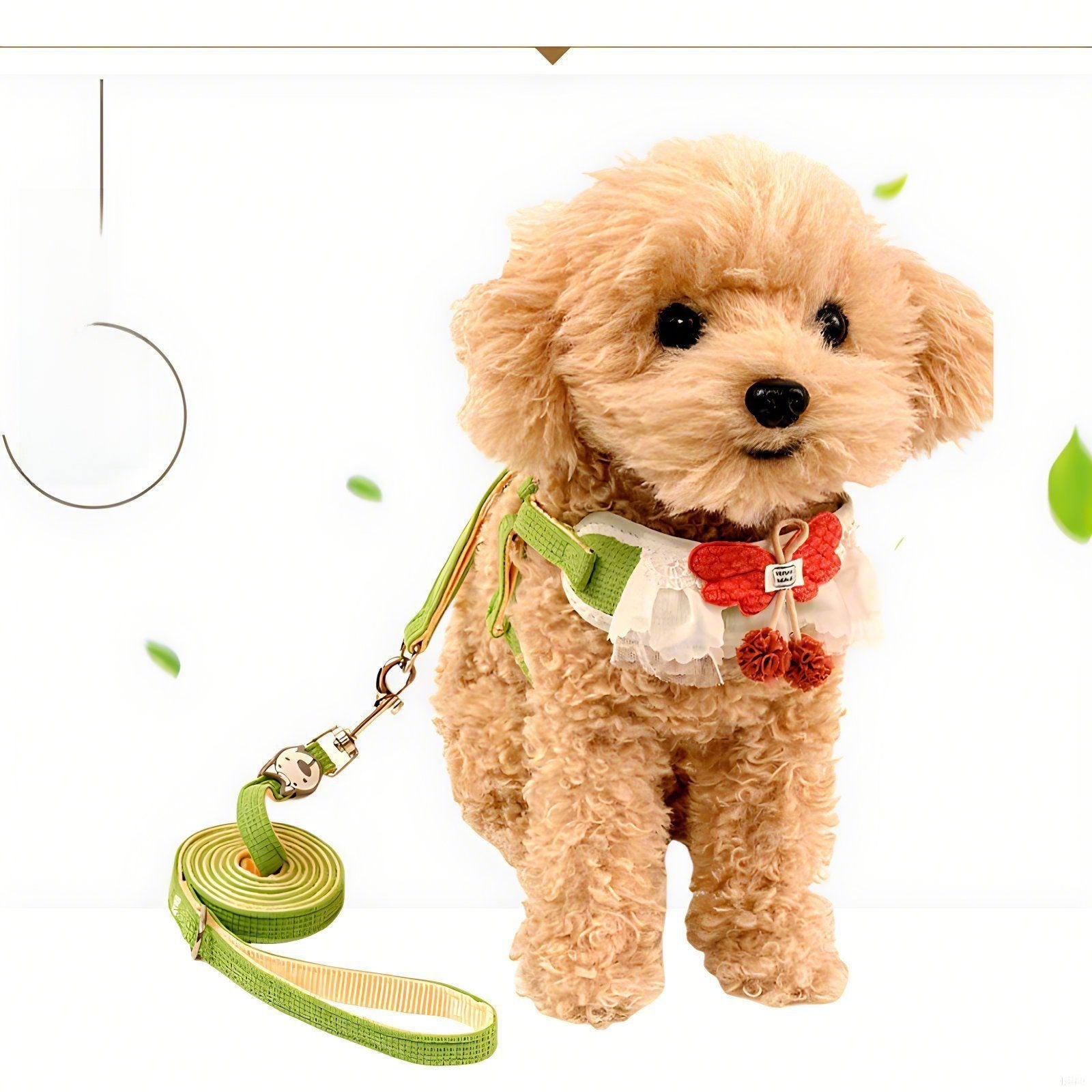 Floral vest harness and lead set in pink on a small dog