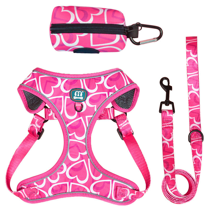 Heart print dog harness and lead set, main product photo