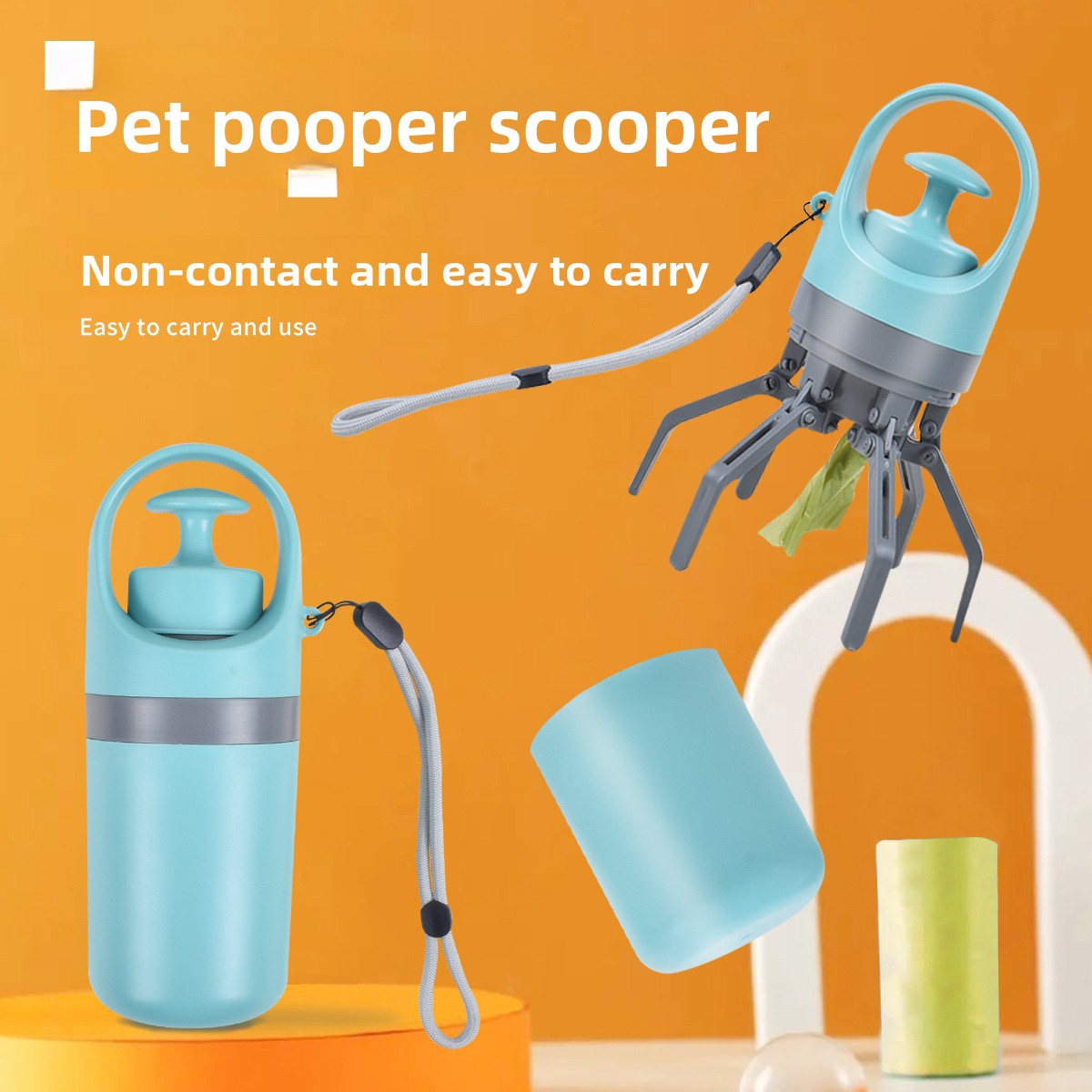 Dog poop picker with claw grabber and bag dispenser, main product photo
