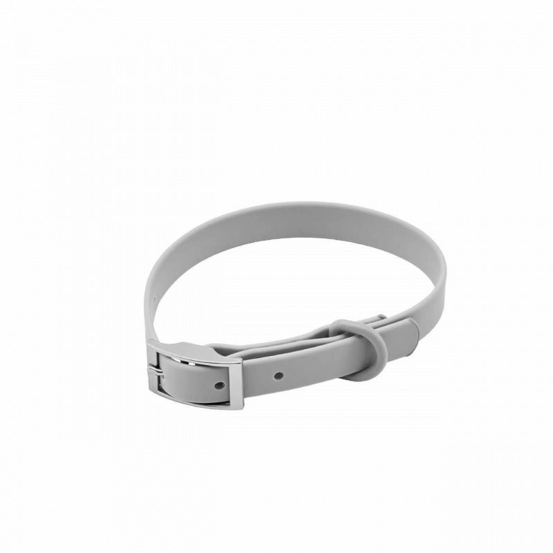 Silicone pet collar with alphabet letters in Purple Lead, showing size and shape