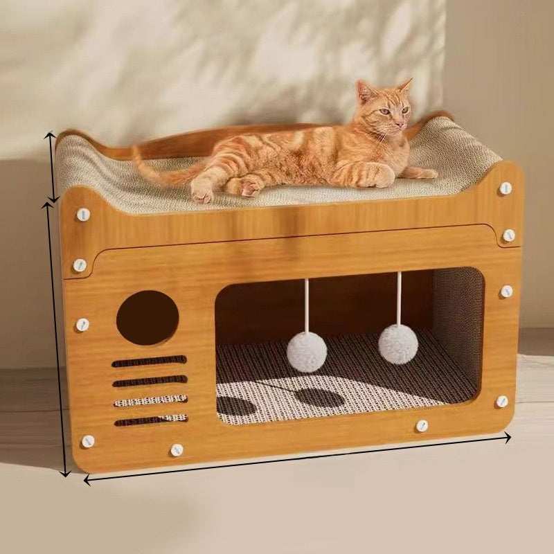 Two tier wooden cat scratching house with doors in natural wood, view 5
