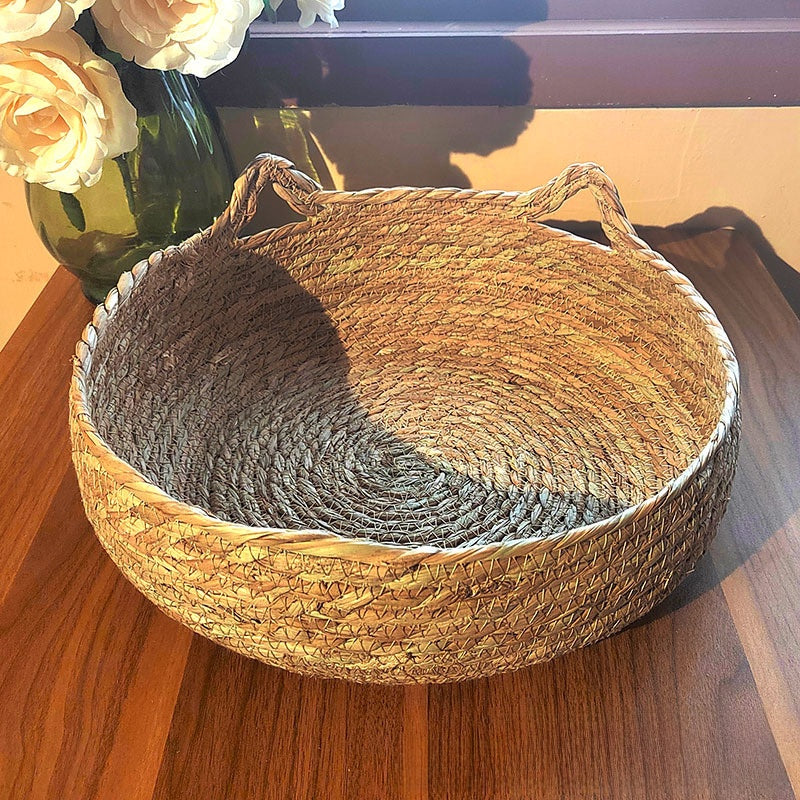 Woven cattail grass cat nest with cute cat ears, product image 1