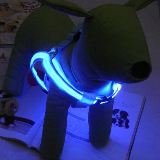 Rechargeable LED light up dog harness in Orange, showing size and shape