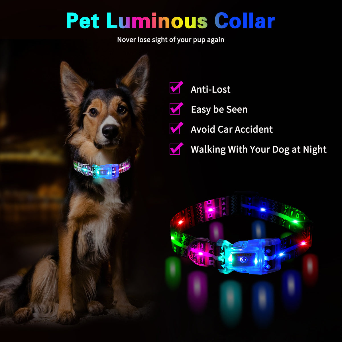Striped light up dog collars in blue and black designs