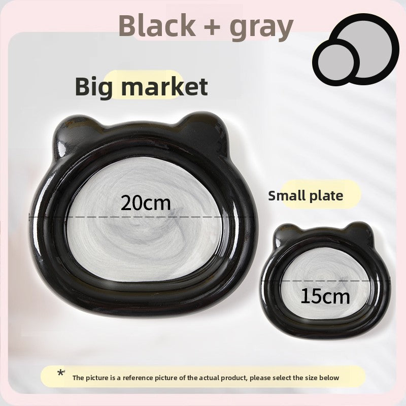 Shallow ceramic pet food plate with cute bear design in blue and pink, view 28