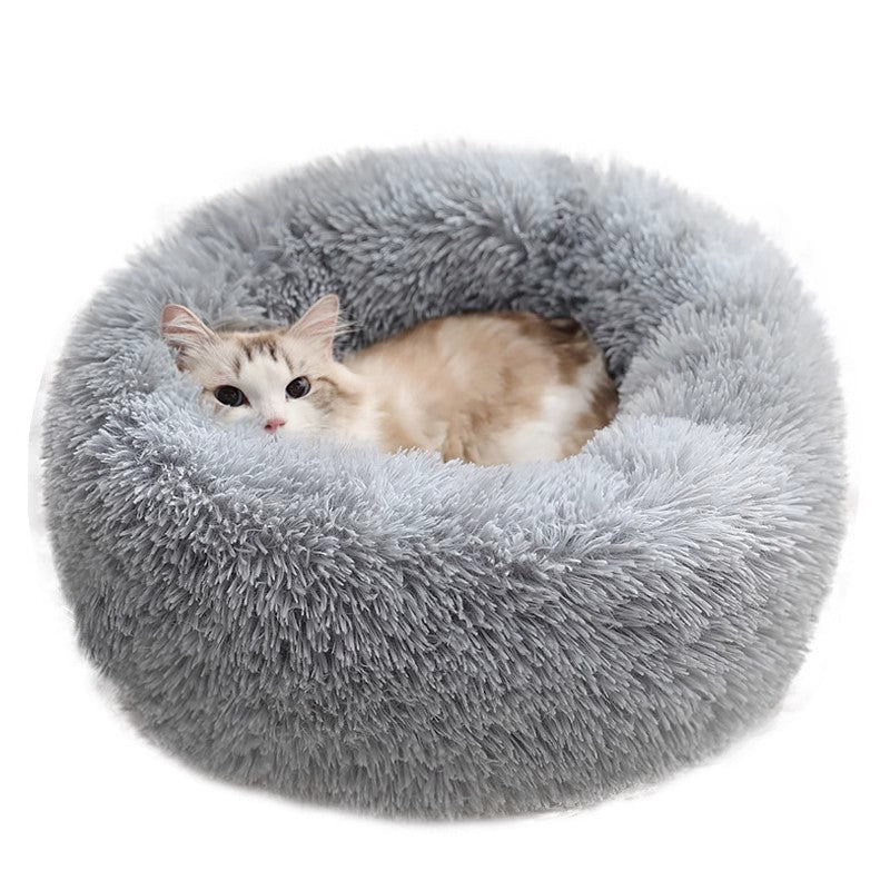 Grey thick velvet donut cat bed with plush padding, photo 5