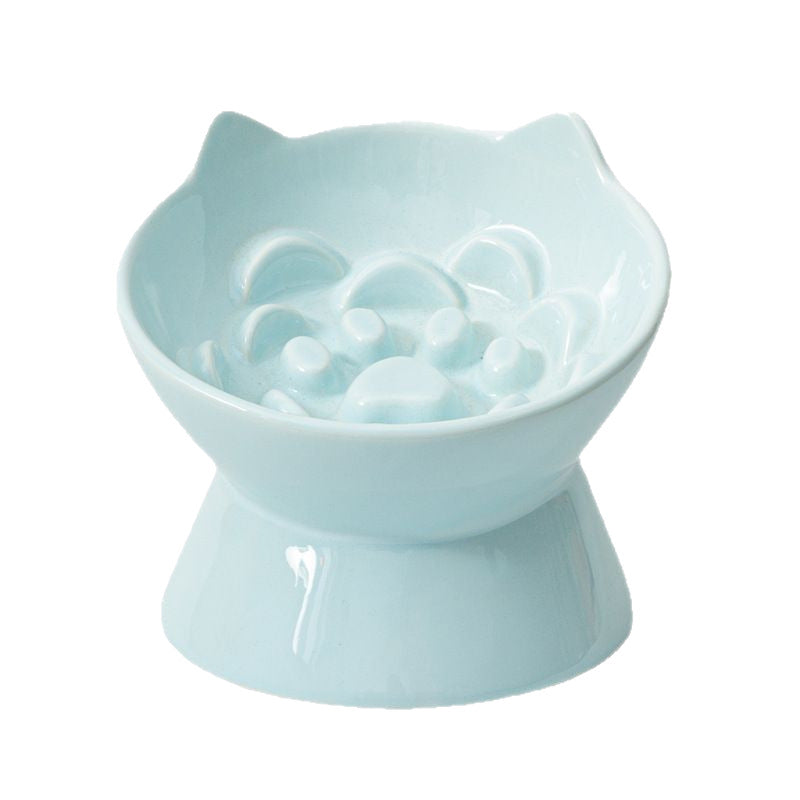 Ceramic High-Foot Cat Bowl with Slanted Rim, Slow-Feeding Feature and Ear Handles