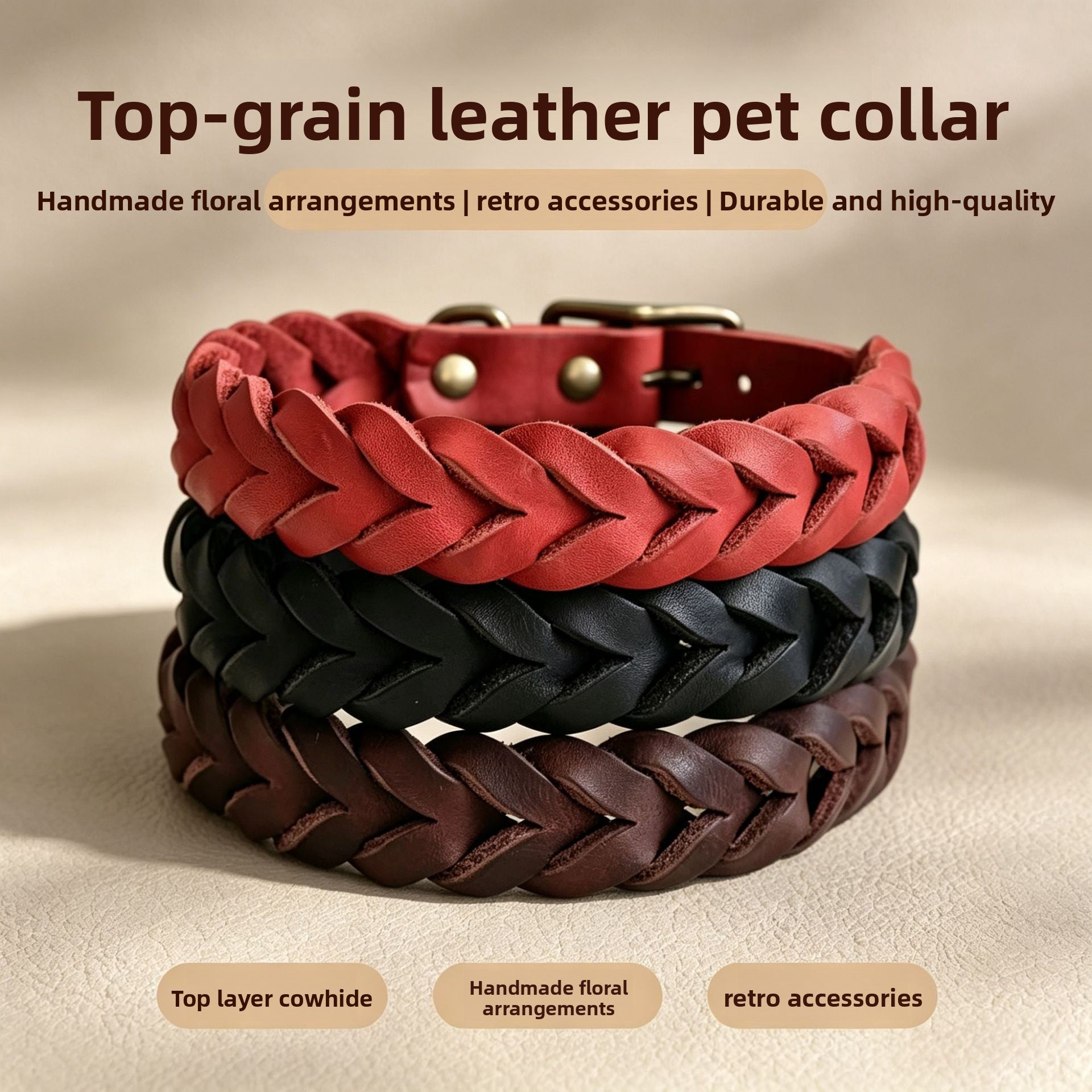 Vintage braided cowhide leather dog collar with bronze buckle, product image 1