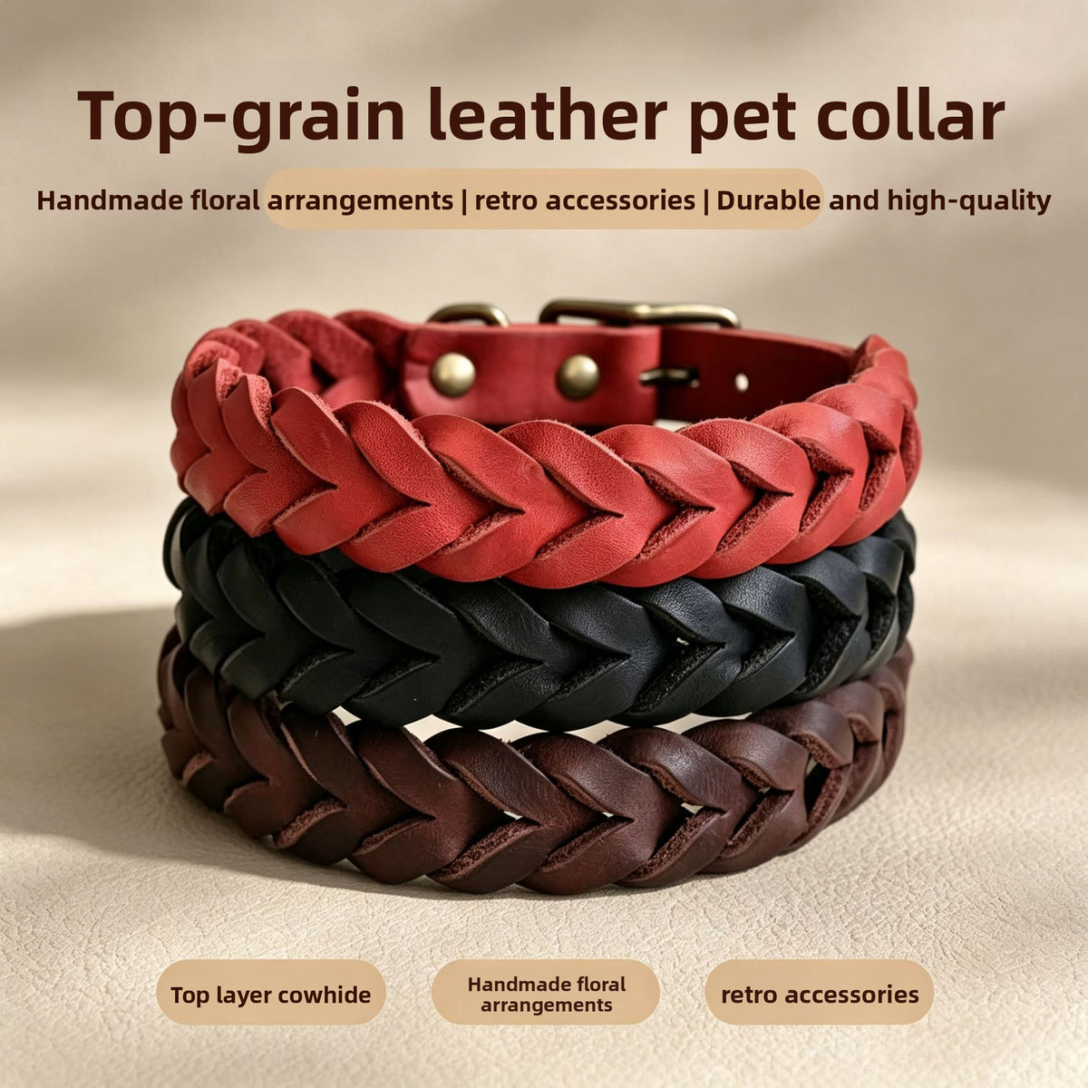 Vintage braided cowhide leather dog collar with bronze buckle, product image 1