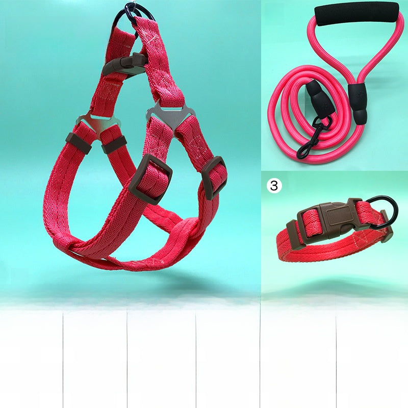 Padded nylon dog harness set with matching collar and lead in red