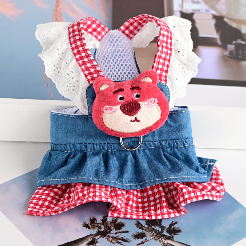 Princess cotton dog dress with matching lead in Red Dress, showing size and shape