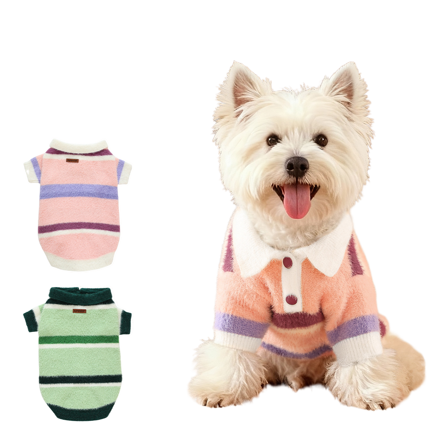 Faux mink velvet polo jumper for dogs and cats in Pink Stripe Jumper, front view