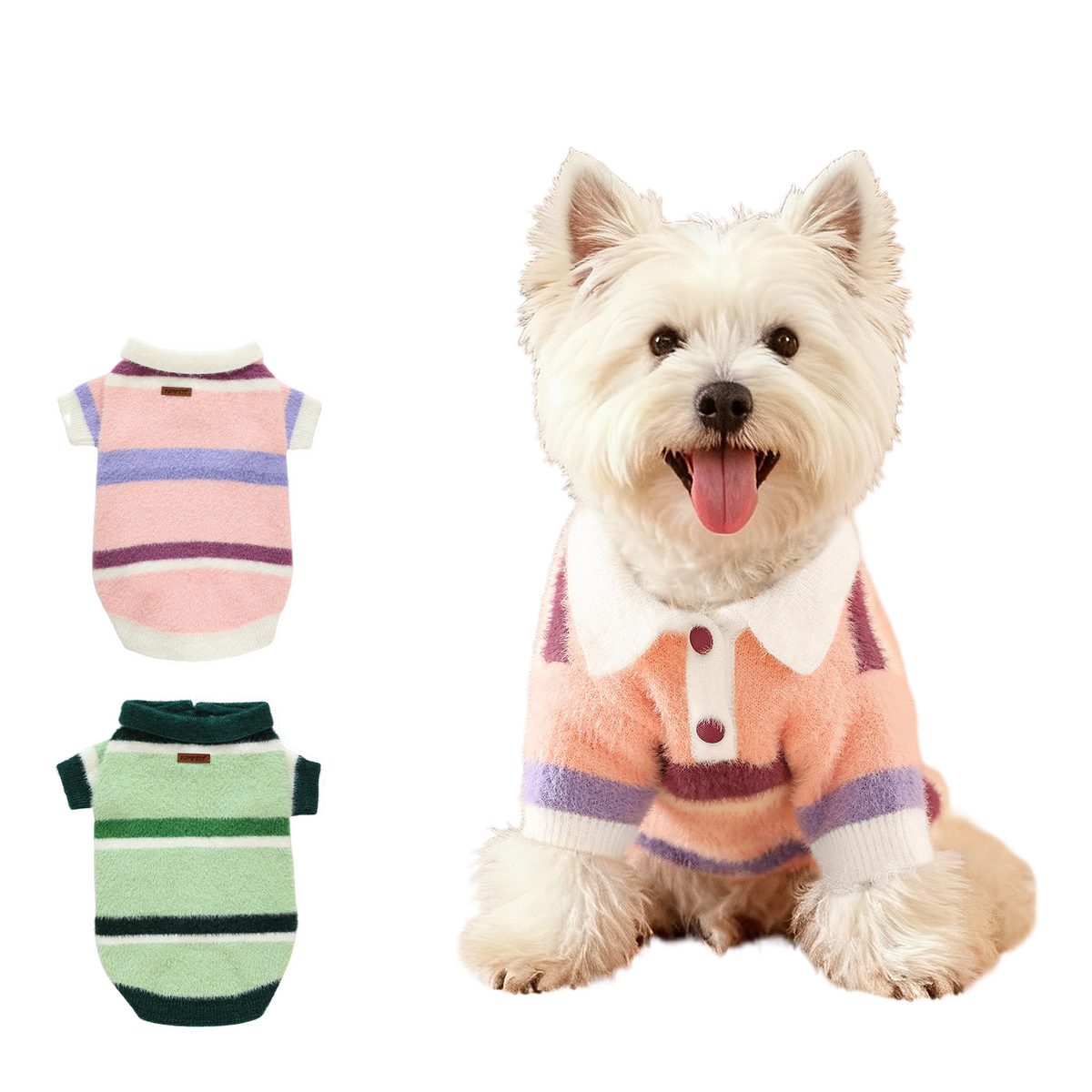 Faux mink velvet polo jumper for dogs and cats in Pink Stripe Jumper, front view