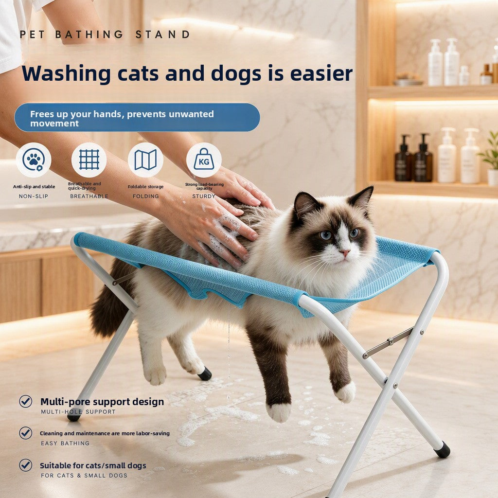 Foldable stainless steel pet bathing rack holding a dog in the bath