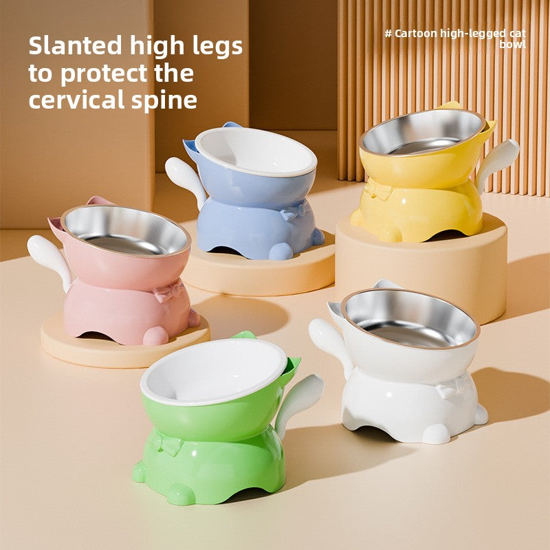 Slanted Cat Food Bowl with Anti-Spill Stand, Kitten Tail Design