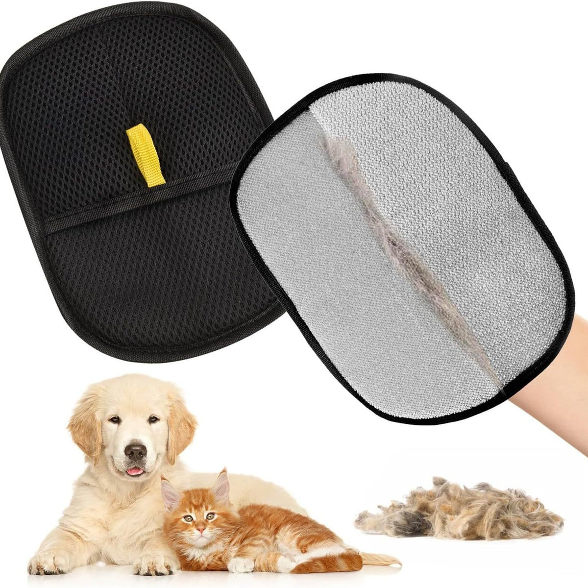 Reusable two-sided fur remover glove used on a cat