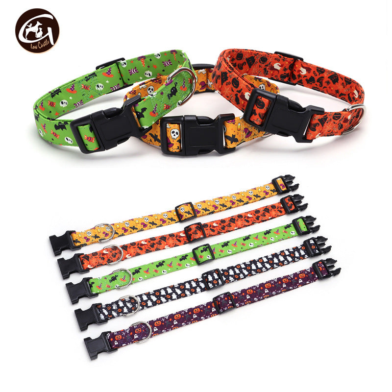Halloween fabric dog collar with pumpkin print in Yellow Ghost, in a home setting
