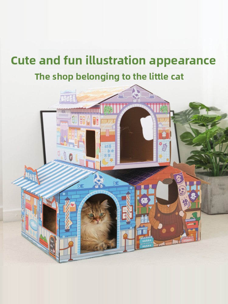 Cardboard cat scratcher house with a cafe themed design