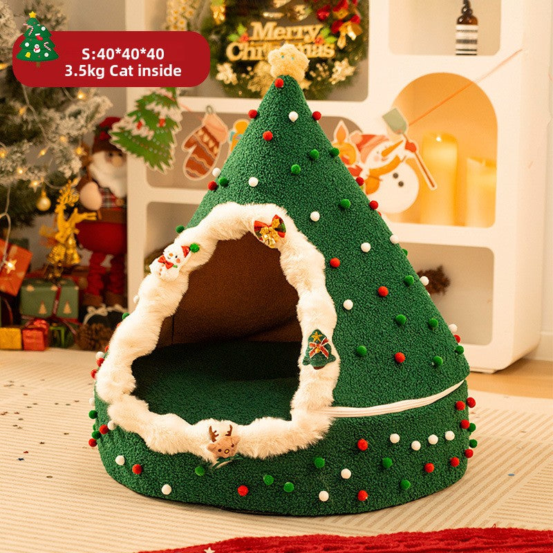 Christmas tree shaped plush cat bed with fleece lining, product image 7