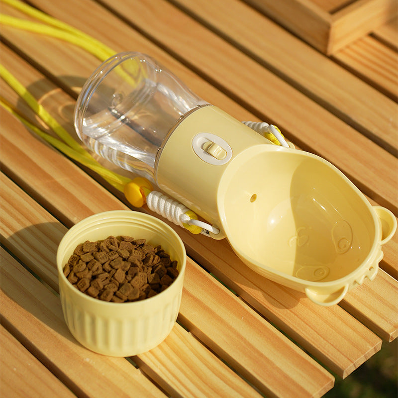 Portable dog water and food cup with strap, alternative angle view