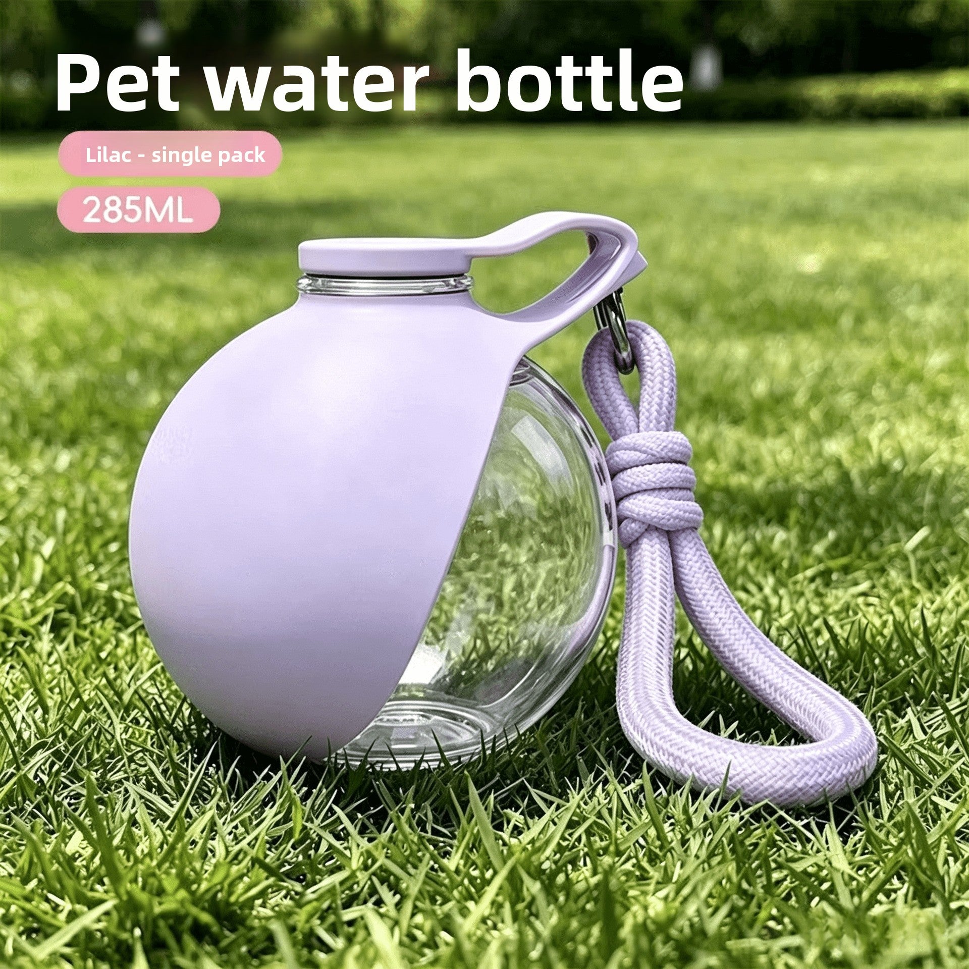 Foldable pet water bottle with ball outlet in Pink, showing size and shape