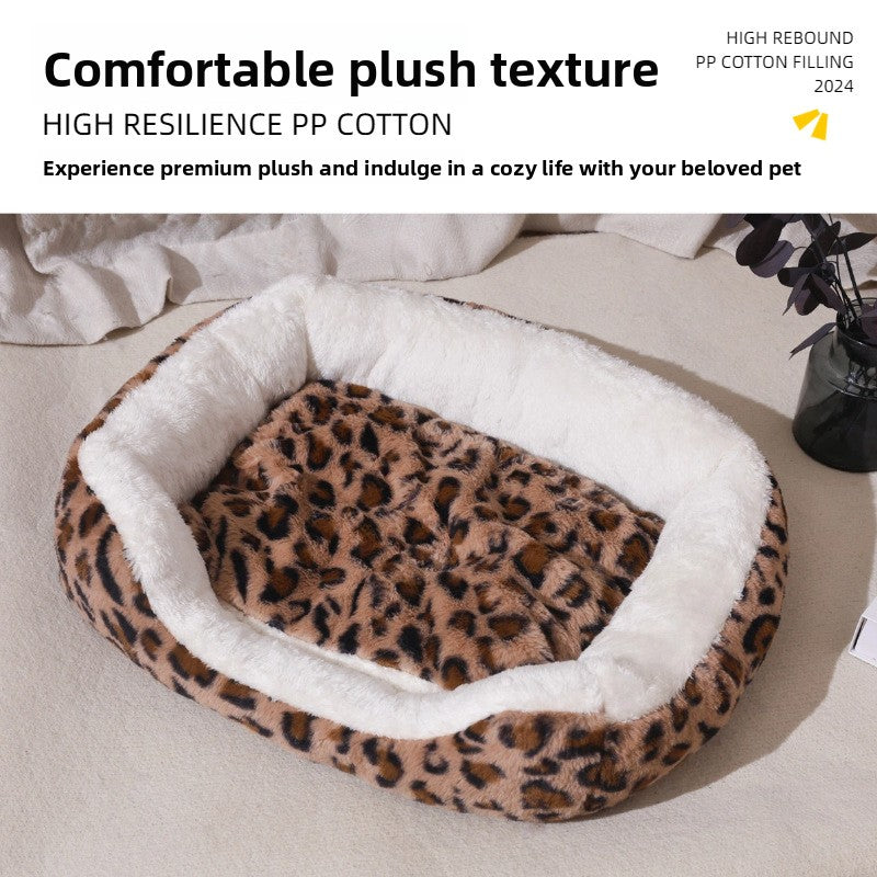 Brown leopard print plush pet sofa bed with removable pad, view 2