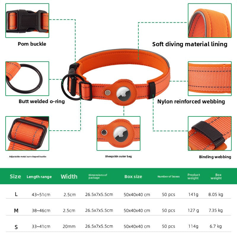 Nylon dog collar with tracker holder pocket in orange, view 2