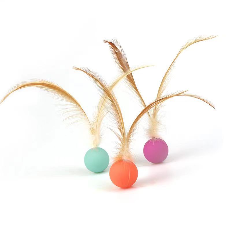 Bouncy cat toy ball with feathers, photo from another angle