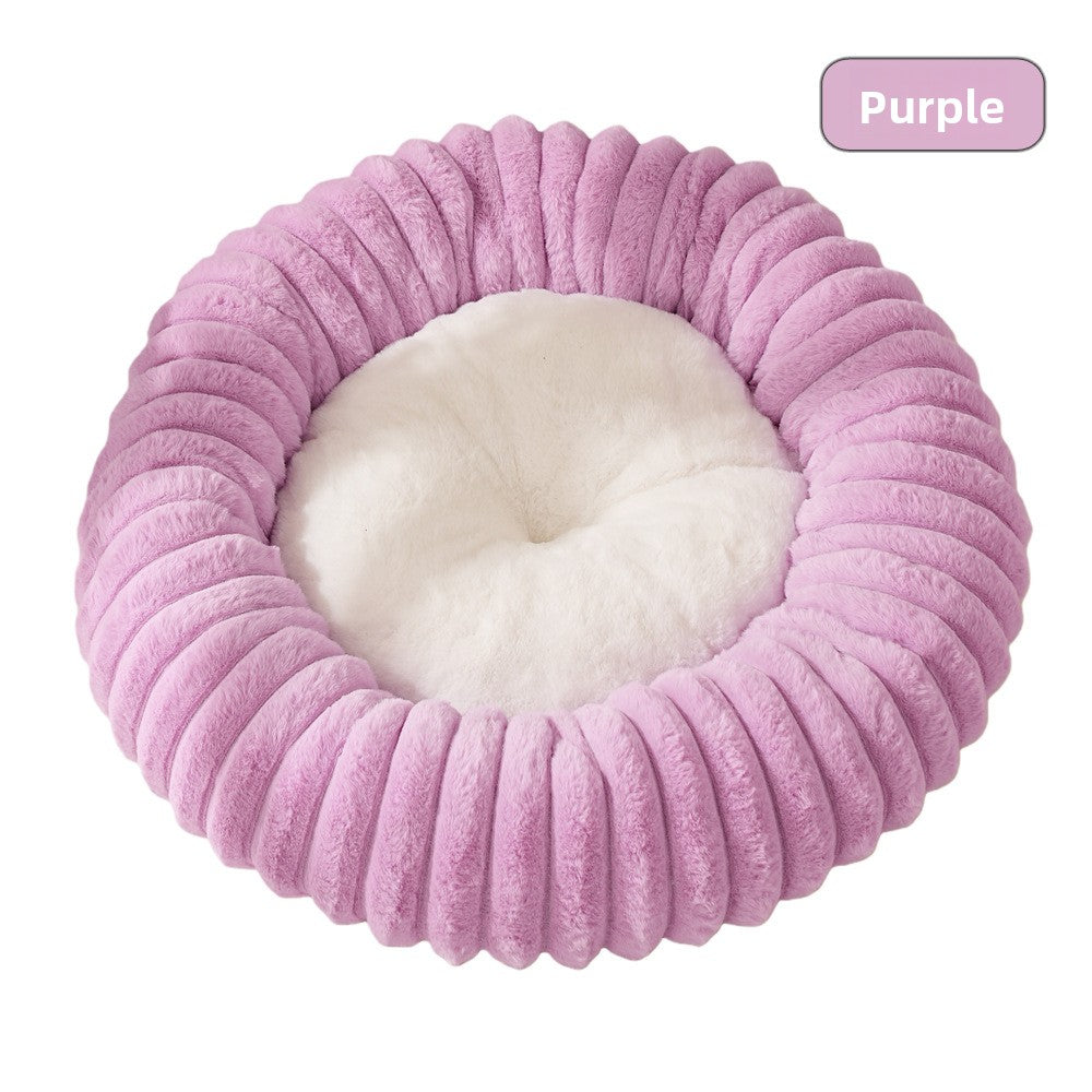 Round striped faux fur pet bed in dark grey for cats
