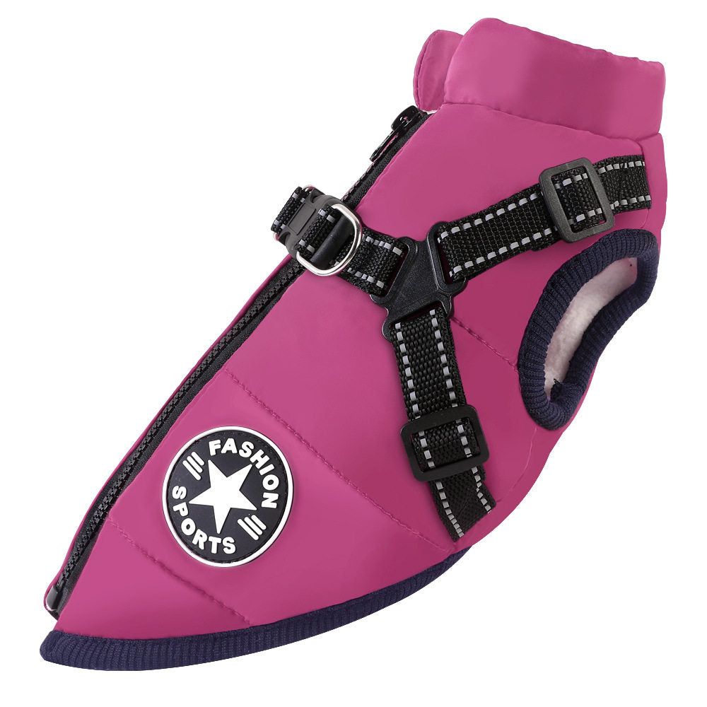 Fleece lined padded dog vest with reflective strips in Snowflake, top view
