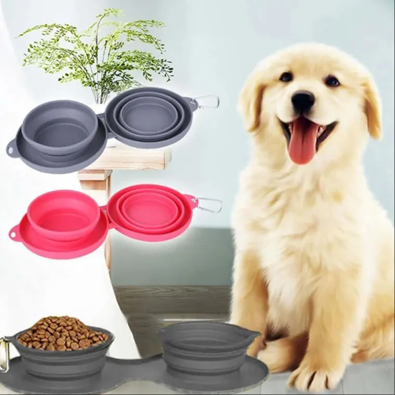 Collapsible Double Pet Bowl for Food and Water, Non-Slip Mat