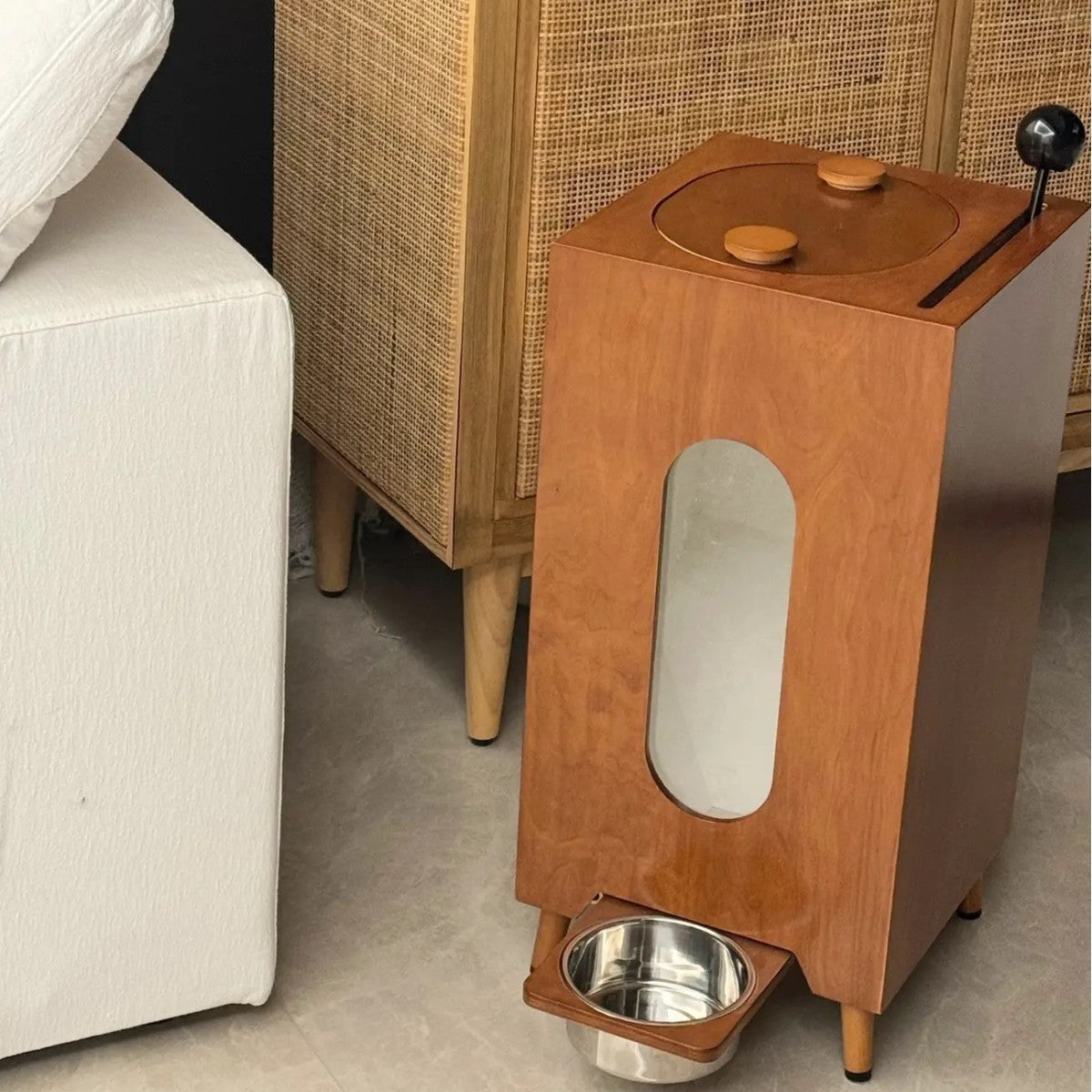 Retro Wooden-Style Semi-Automatic Pet Feeder with 10kg Food Hopper and Two Bowls
