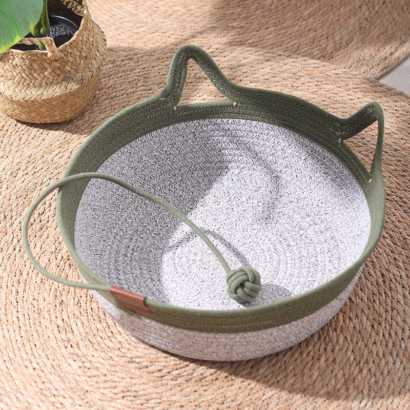 Grey cotton rope cat bed with scratcher and play ball, view 12
