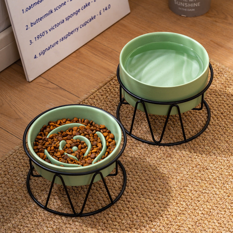 Ceramic Slow Feeding Pet Bowl with Small Flower Design and Optional Iron Stand