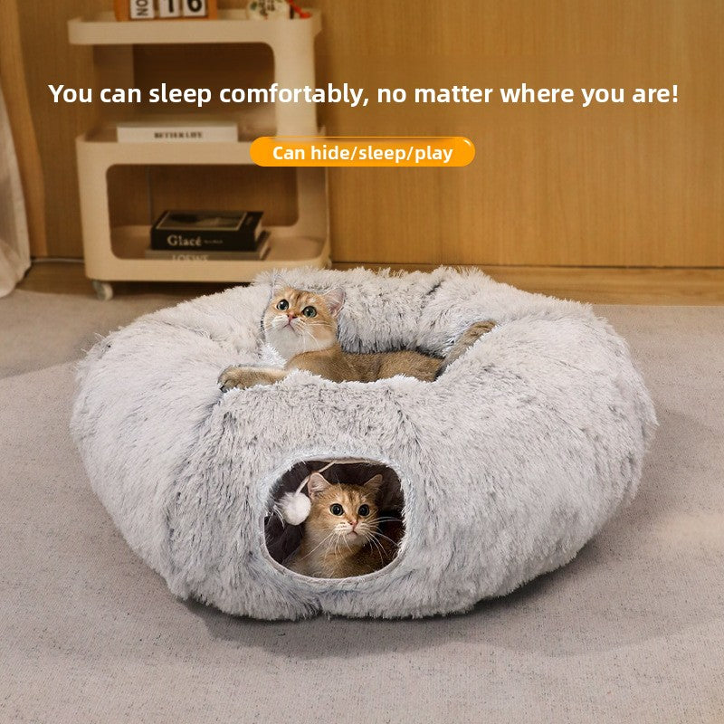 Navy and white striped foldable plush cat tunnel nest, view 1