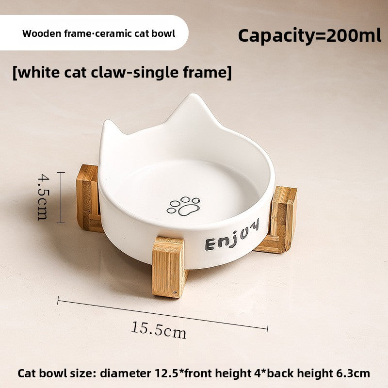 Anti-Spill Ceramic Pet Bowl with Wooden Stand and Cat Ear, Paw or Fish Bone Design