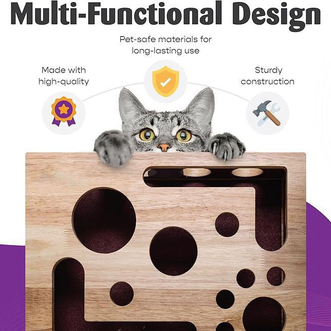 Solid wood cat maze puzzle toy with balls, photo from another angle