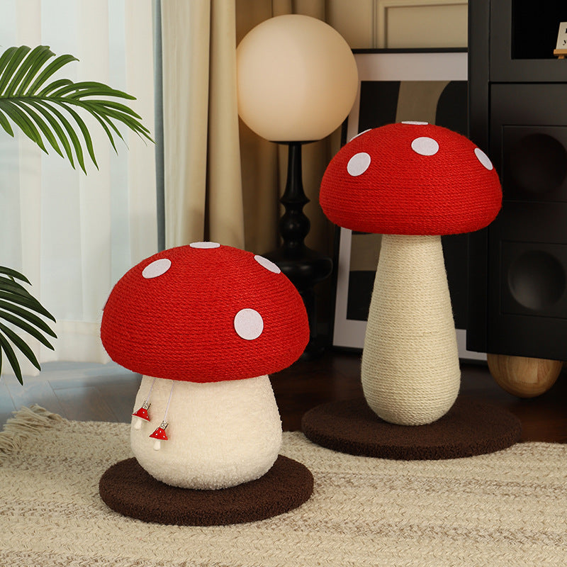 Red mushroom cat scratching post with hanging ball, photo 1 of 12