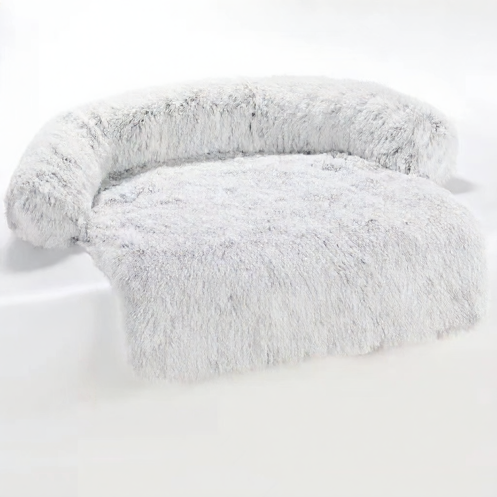Dark grey long plush curved dog bed with raised sides, photo 5